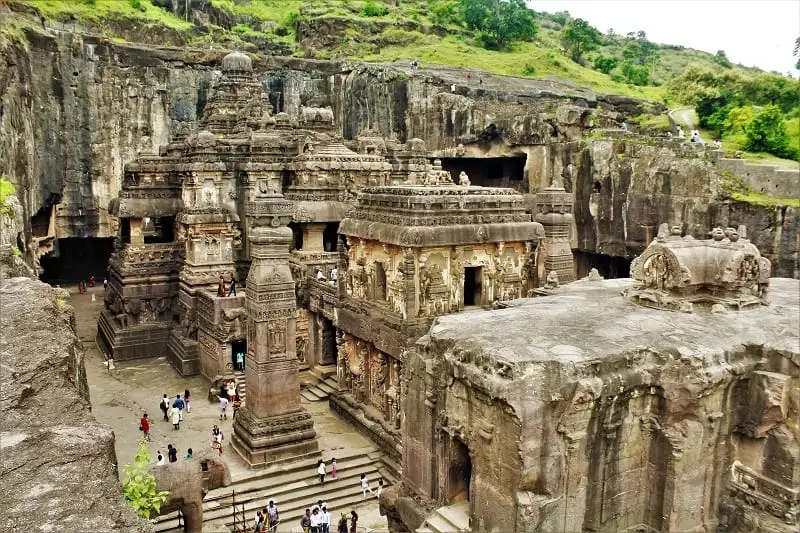 Monumental stone temple architecture representing the Ellora Caves UNESCO World Heritage Site near Aurangabad, on the KP Travels circuit from Pune
