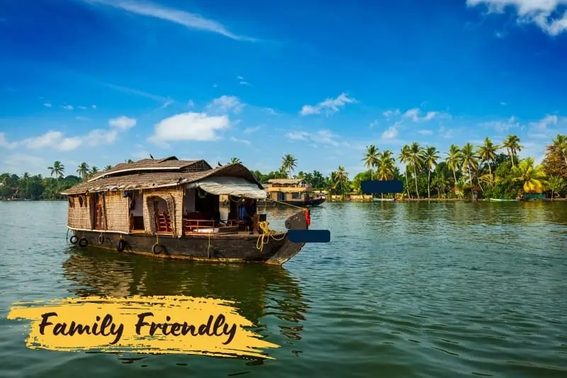 Traditional houseboat on the calm Kerala backwaters