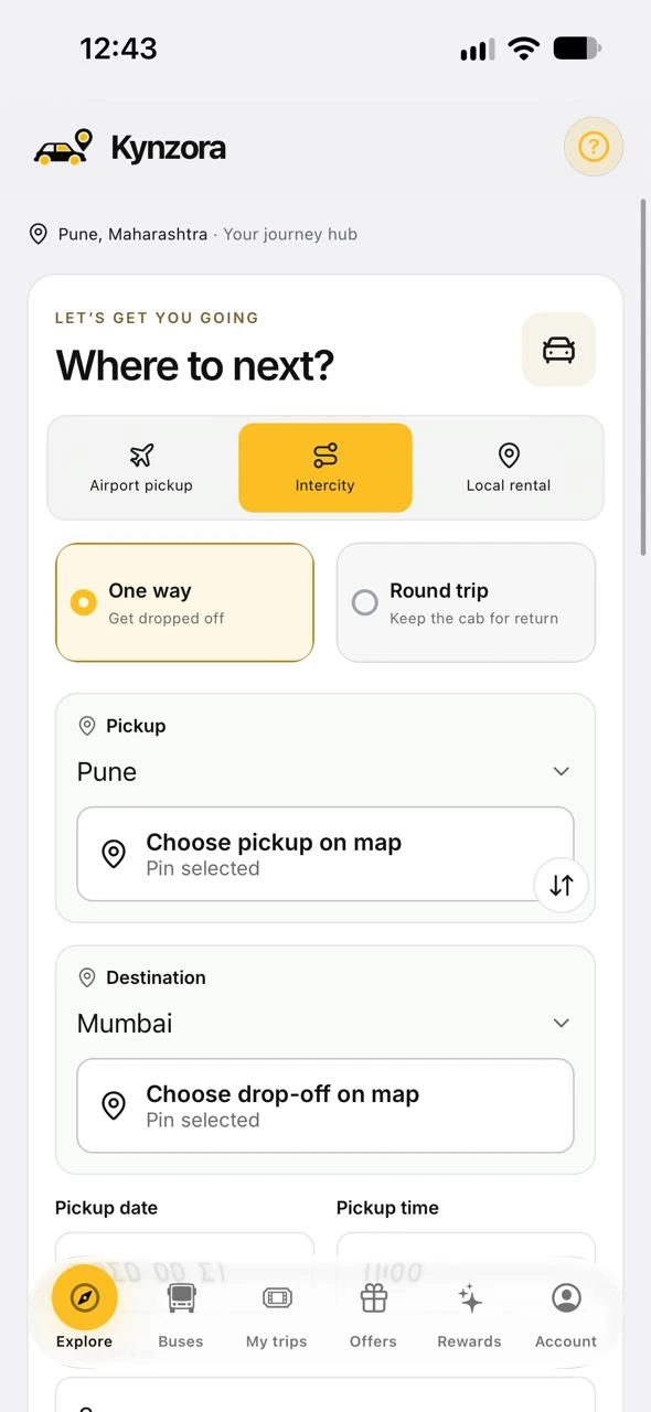 Actual Kynzora booking screen: airport pickup, intercity and local rental options, with Pune pickup and Mumbai destination